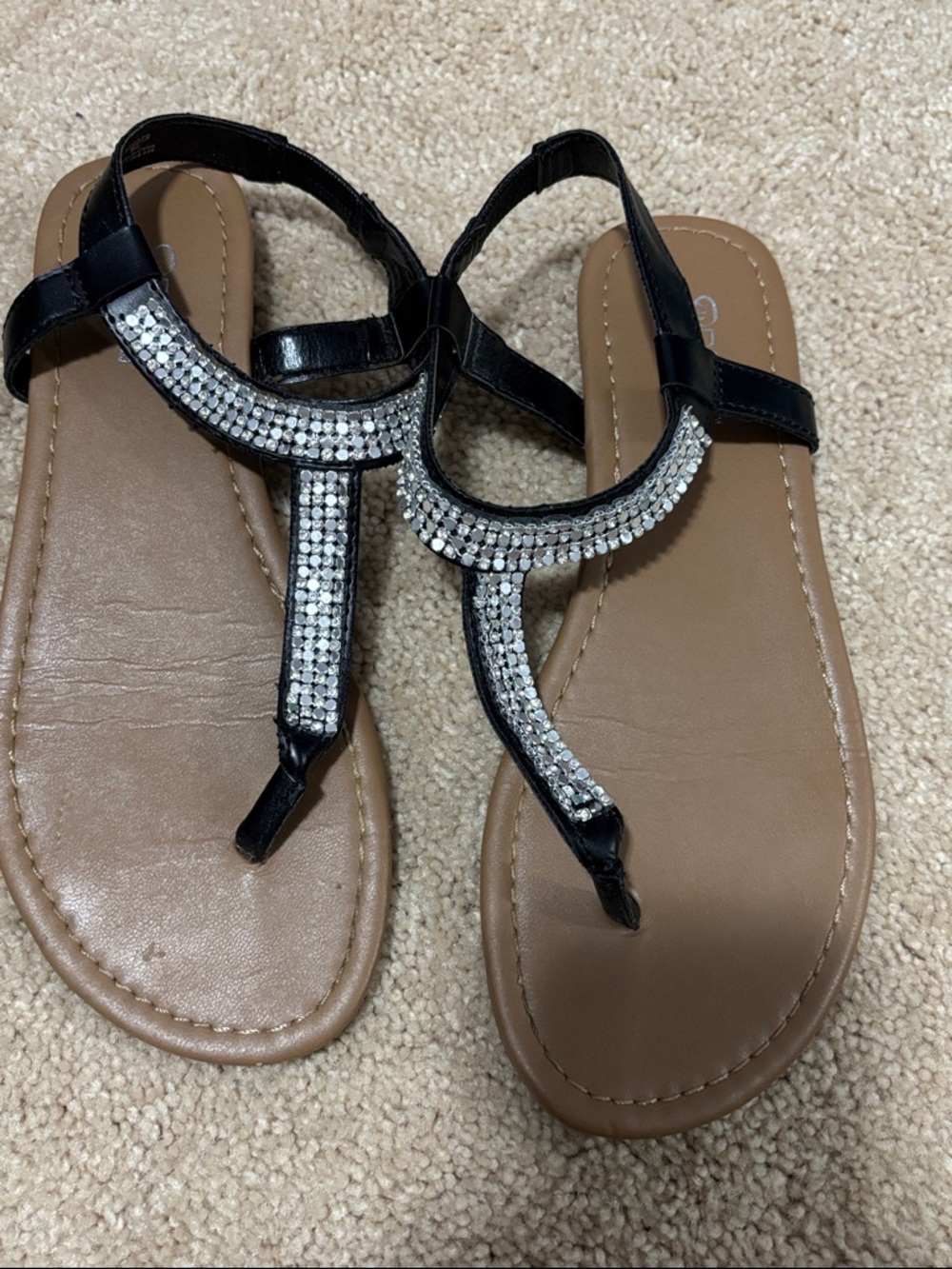 Brash Black Rhinestone T-Strap Sandals with Brown Footbed